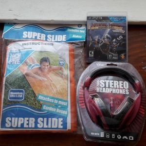 Super slide, stereo headphones, PS3 game